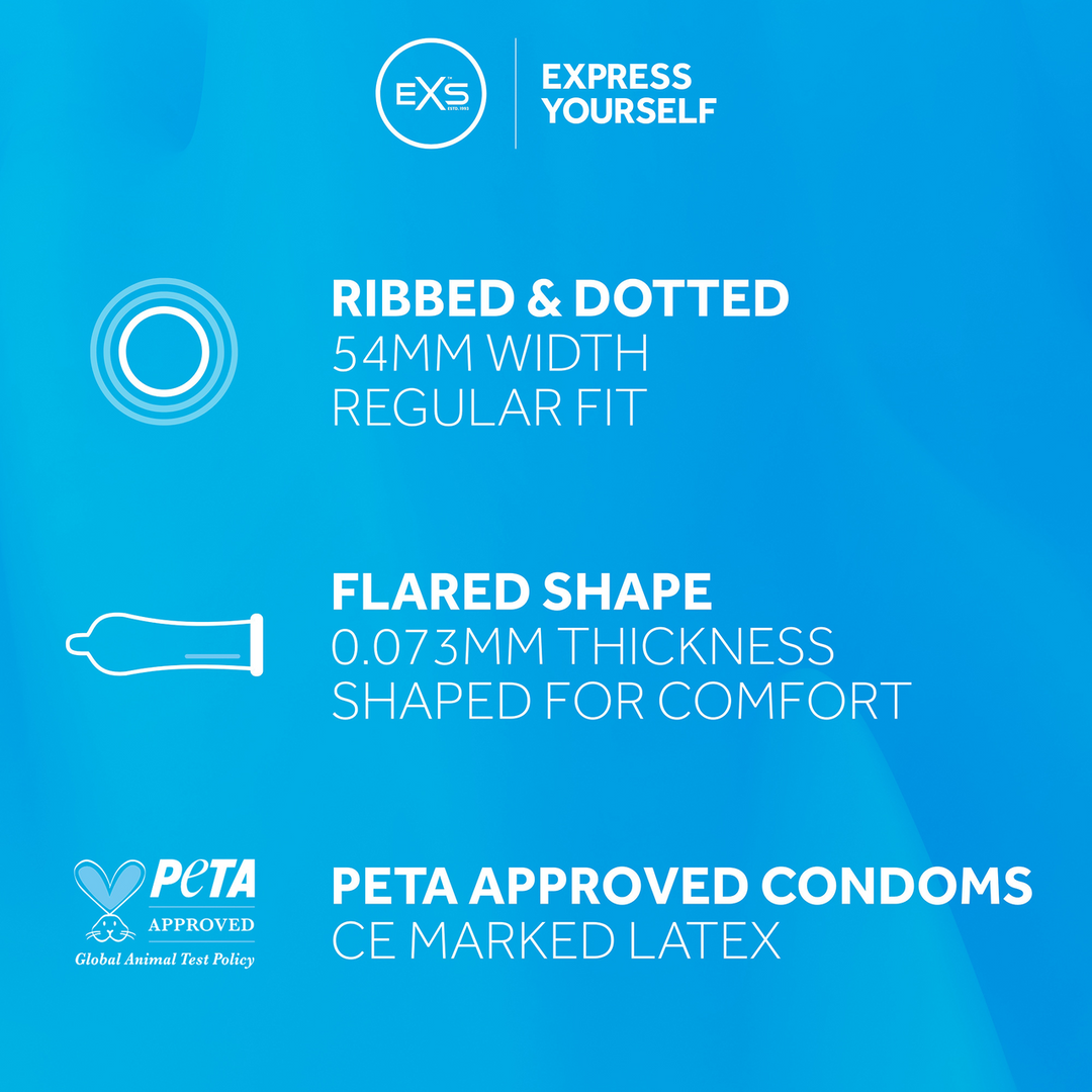 EXS 3 in 1 – Ribbed, Dotted and Flared – Condoms – 144 Pieces